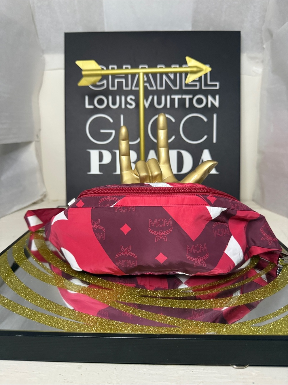 MCM Red and Burgundy Logo Nylon Waist Bag !missing strap!